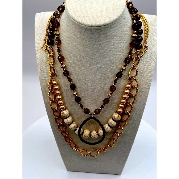 Layered Gold  Tone Chain Beaded Necklace & Pendant - Picture 2 of 6